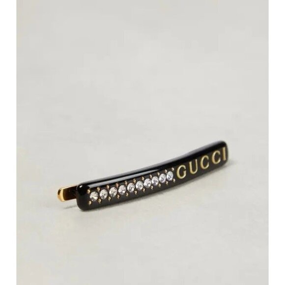 NEW GUCCI  Logo Embellished Hair Clip Black Crystal 100% Authentic - Picture 1 of 7
